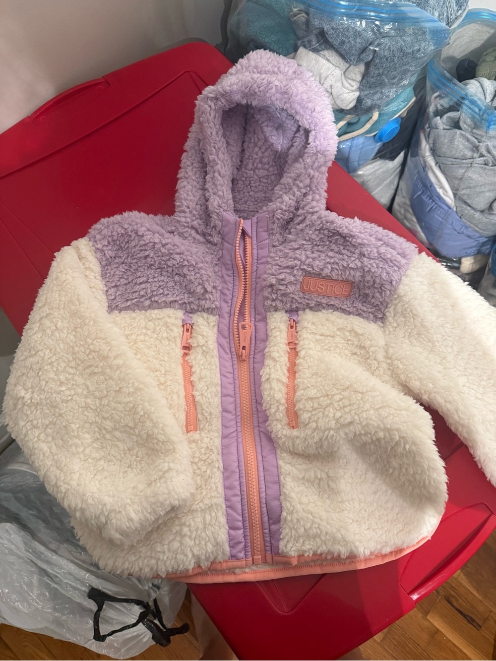 Justice Cream and Lilac Sherpa Hooded Puffer Jacket with Peach Accents